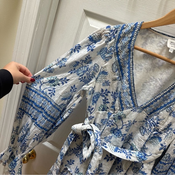 HEMANT & NANDITA V Neck Floral Print Mini Dress Blue White m medium flare tie - Picture 5 of 10